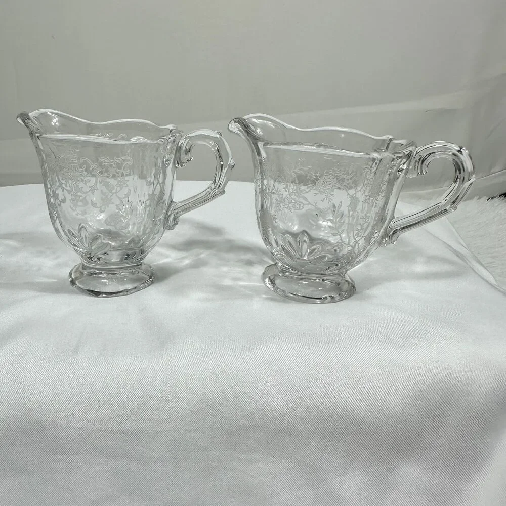 Fostoria Two Vintage Chintz Etched Glass Creamer Baroque